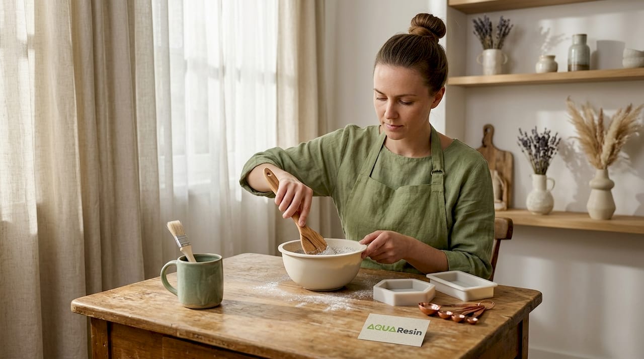 Una donna prepara il gesso seduta al tavolo della cucina.