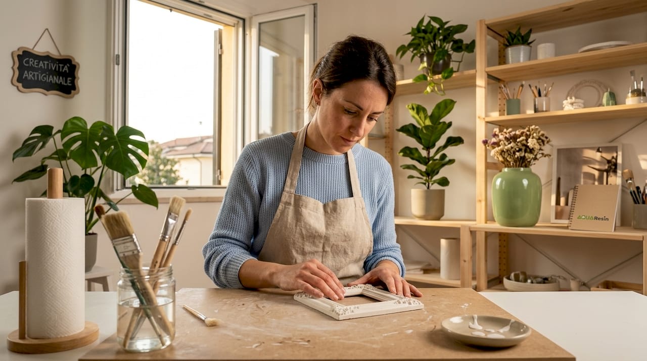 Una donna crea manufatti in gesso nel suo laboratorio, lavorando con cura e passione artigianale.