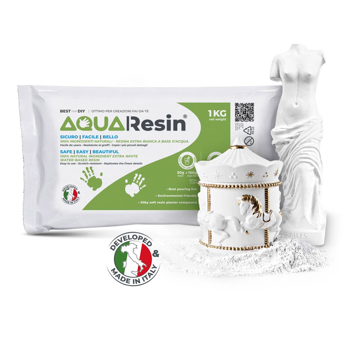 AQUA RESIN - Gesso per creatività in polvere bianchissimo, naturale, atossico e sicuro - Aqua Resin